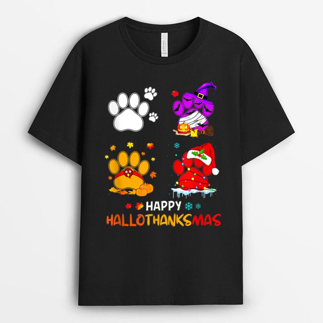 Happy Hallothanksmas Cute Paw Dogs And Pumpkin Turkey T-Shirt
