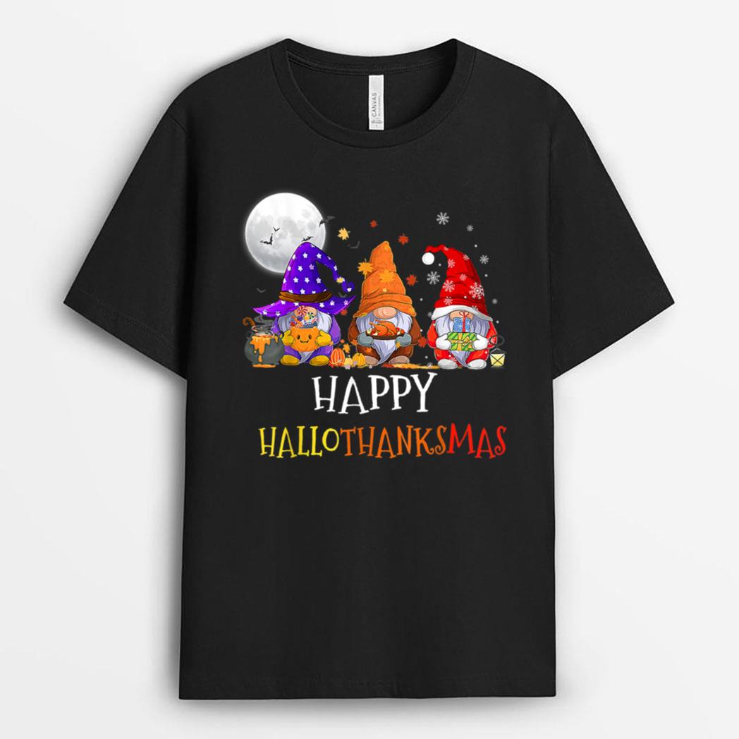 Happy Hallothanksmas Gnomes Halloween Christmas Thanksgiving T-Shirt