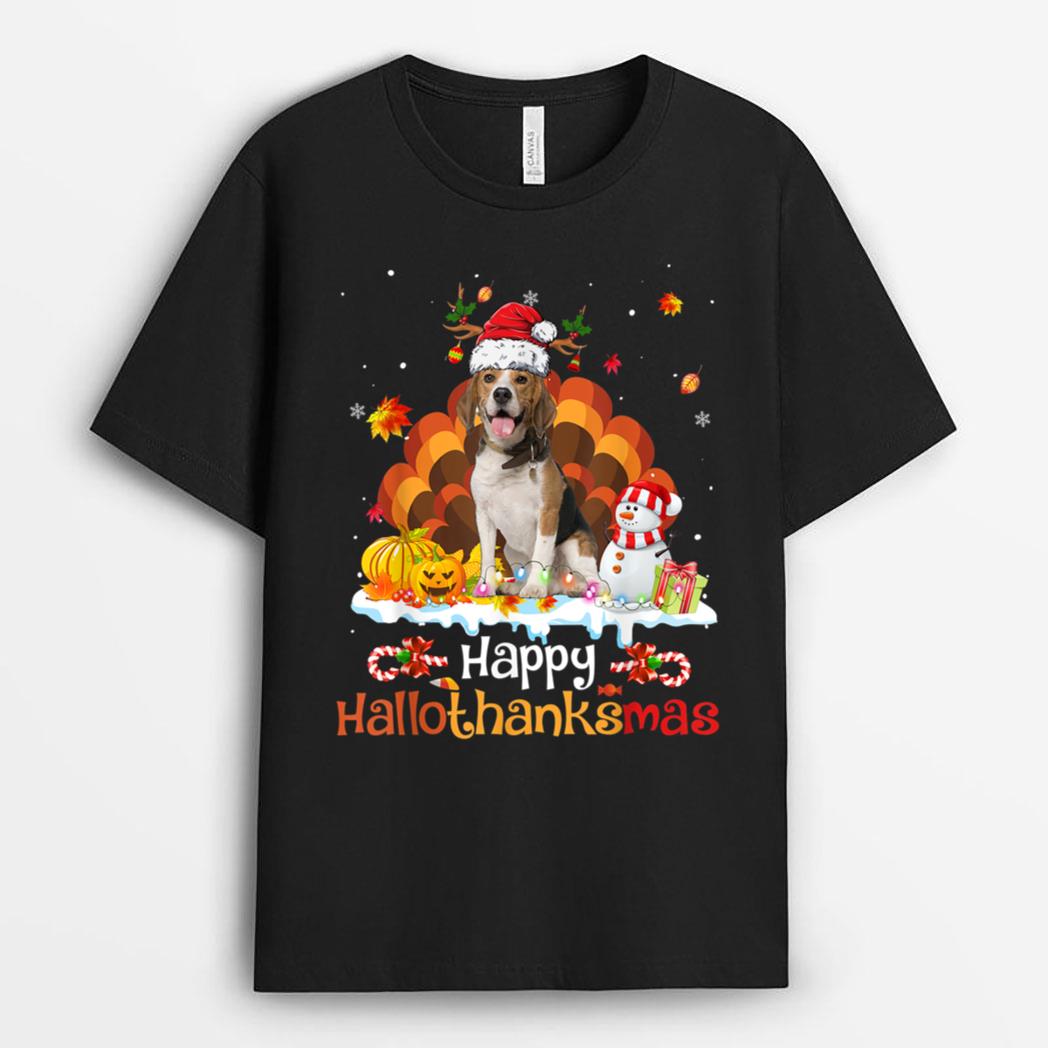 Happy HalloThanksMas Halloween Thanksgiving Christmas Beagle T-Shirt