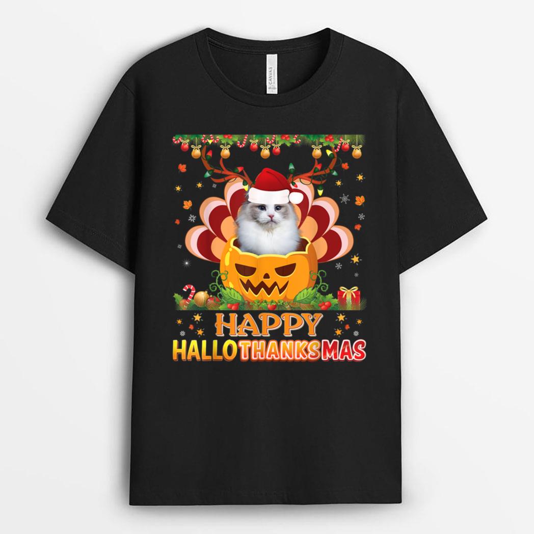Happy Hallothanksmas Ragdoll Cat Halloween Thanksgiving T-Shirt