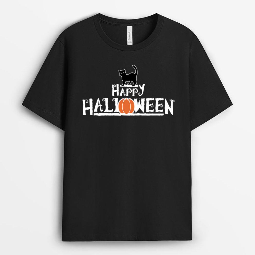 Happy Halloween Black Cat & Pumpkin Word Art T-Shirt