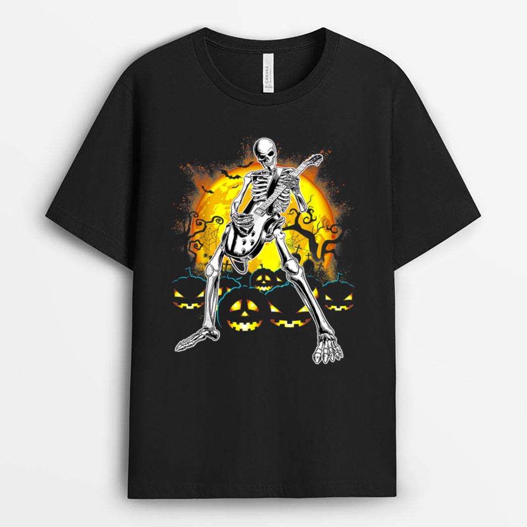 Happy Halloween Funny Skeleton Playing Guitar Pumpkin Vibe T-Shirt