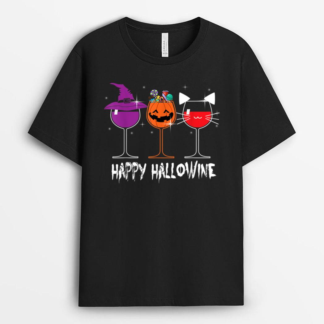 Happy Hallowine Three Glasses Of Wine Halloween Funny Gift T-Shirt