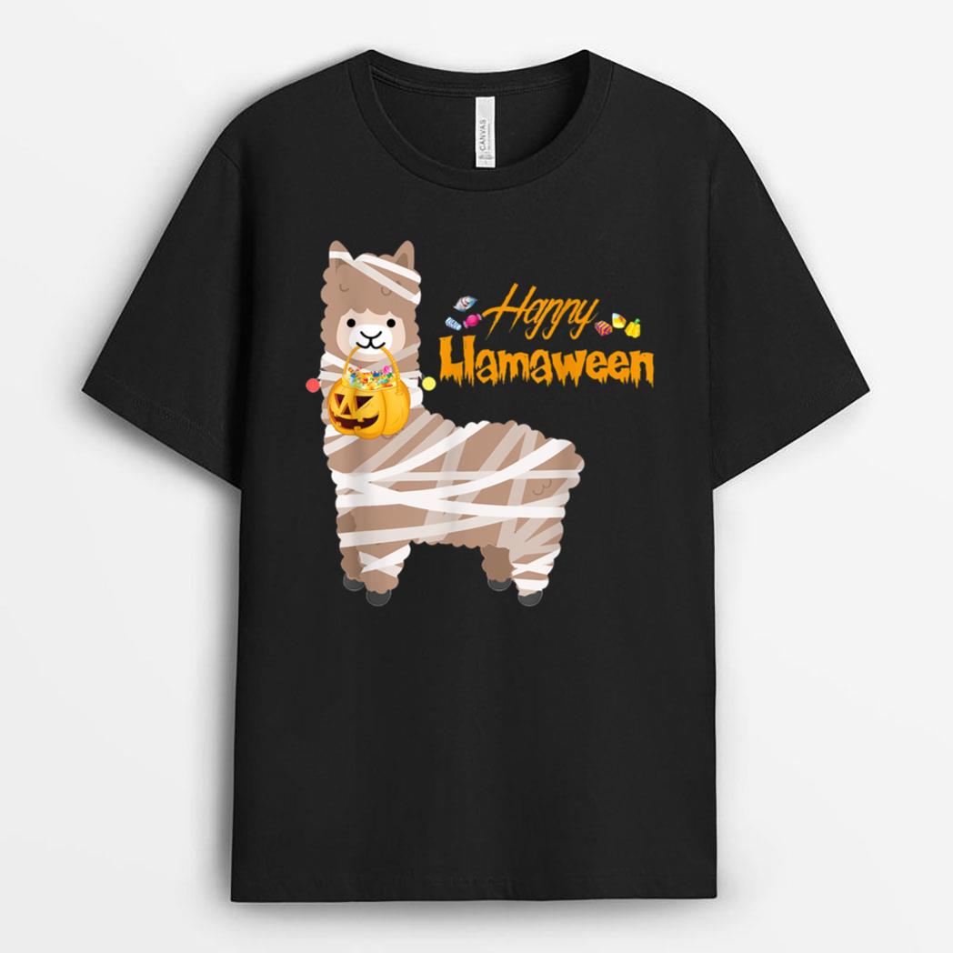 Happy Llamaween Funny Halloween Llama Mummy Girls Boys Kids T-Shirt