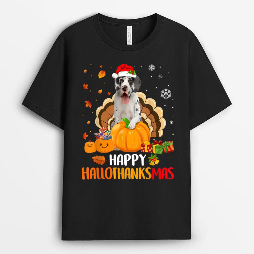 Harlequin Great Dane Dog Halloween Xmas Happy Hallothanksmas T-Shirt