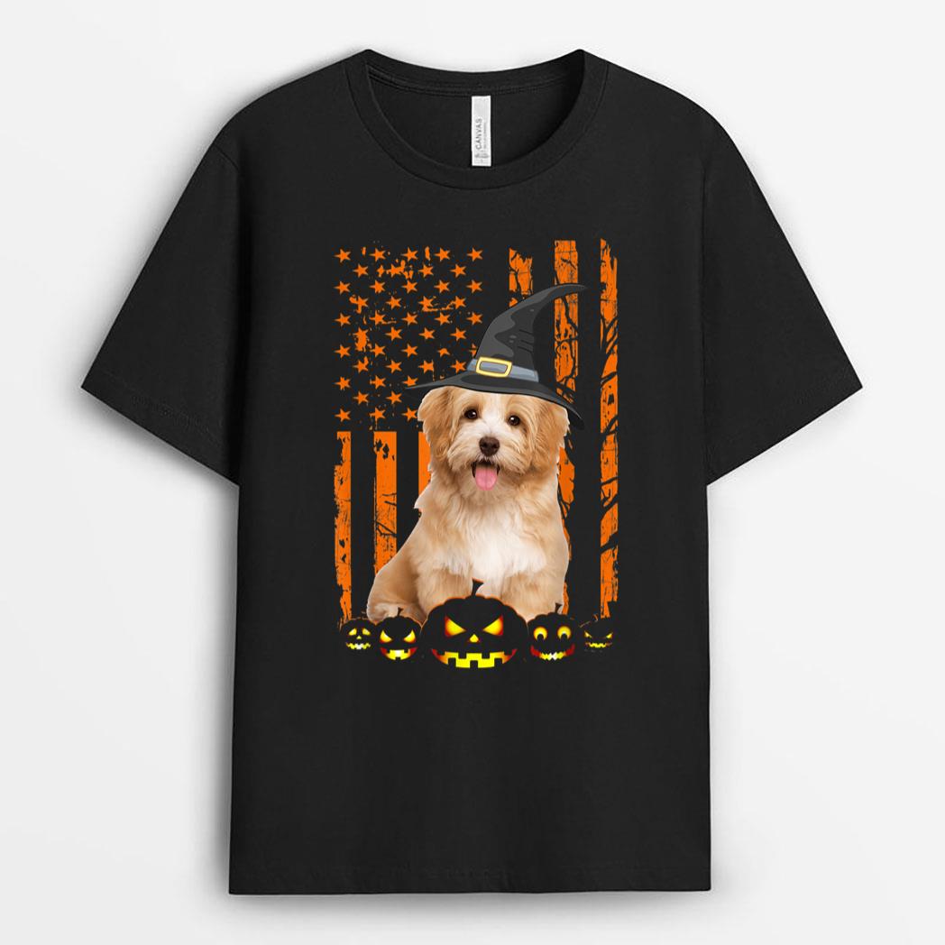 Havanese Dog Pumpkin American Flag Vintage Halloween Witch T-Shirt
