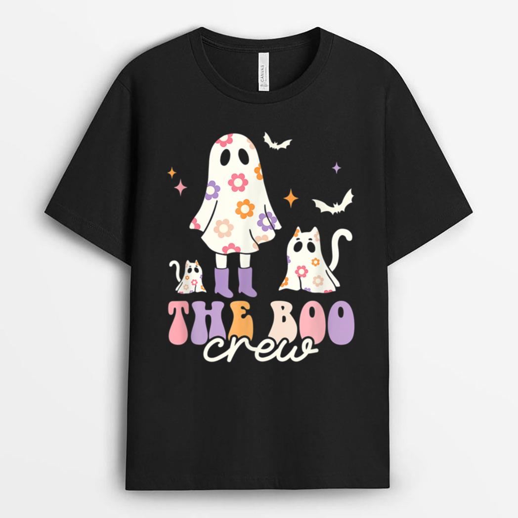 He Boo Crew Spooky Season Ghost Cat Halloween Groovy Retro T-Shirt