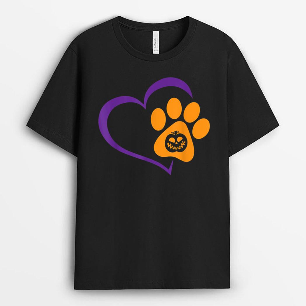 Heart Dog Paw Print Lazy Halloween Costume Pumpkin Puppy T-Shirt