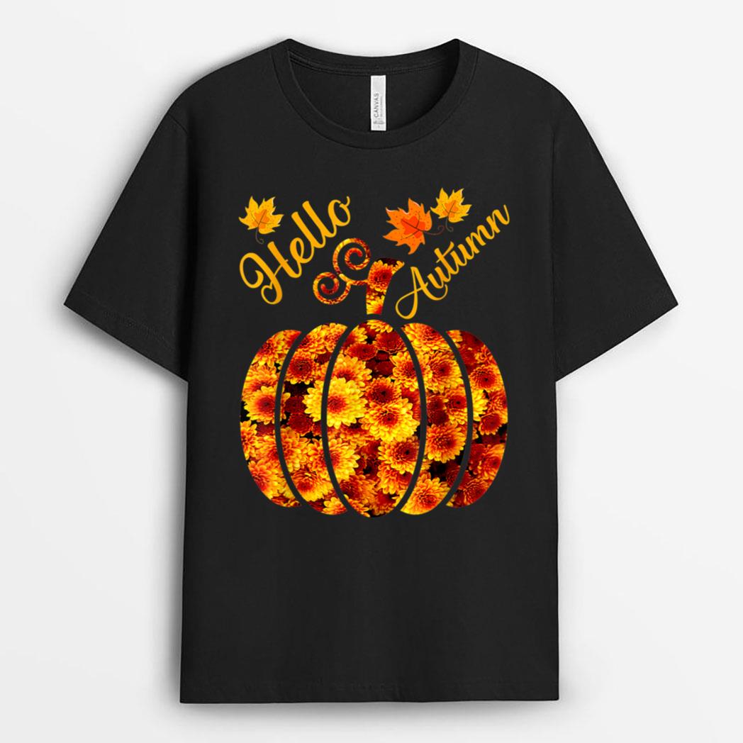 Hello Autumn, Fall Floral Pumpkin, Fall Flowers And Leaves T-Shirt