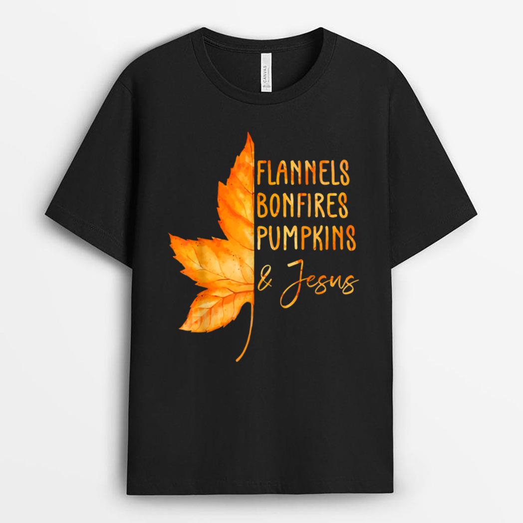 Hello Fall Flannels Bonfires Pumpkins And Jesus Thanksgiving T-Shirt