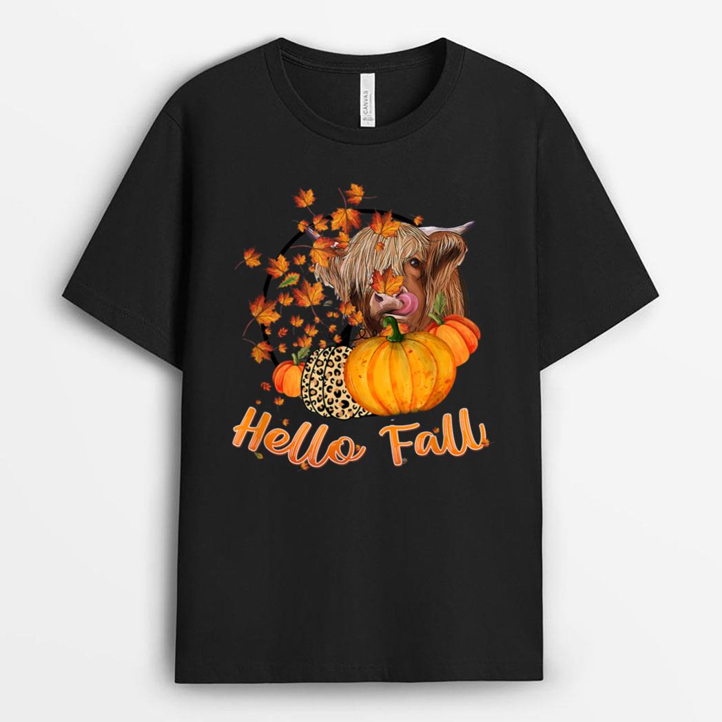 Hello Fall Highland Cow With Pumpkin Thanks Giving T-Shirt