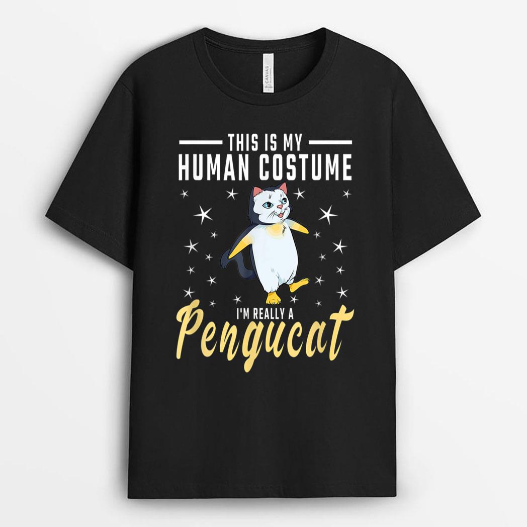 His Is My Human Costume I M Really A Pengucat Penguin Cat T-Shirt
