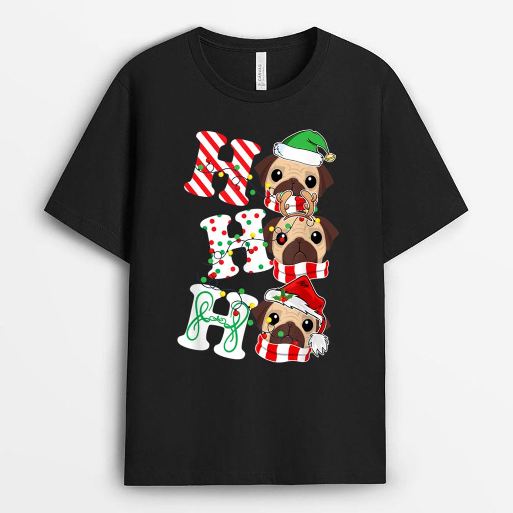 Ho Ho Ho Pug Dog Lights Santa Hat reindeer ELF Christmas T-Shirt