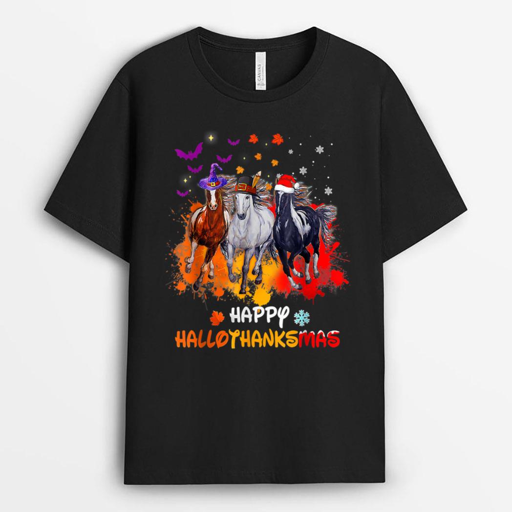 Horse Halloween And Merry Christmas Happy Hallothanksmas T-Shirt