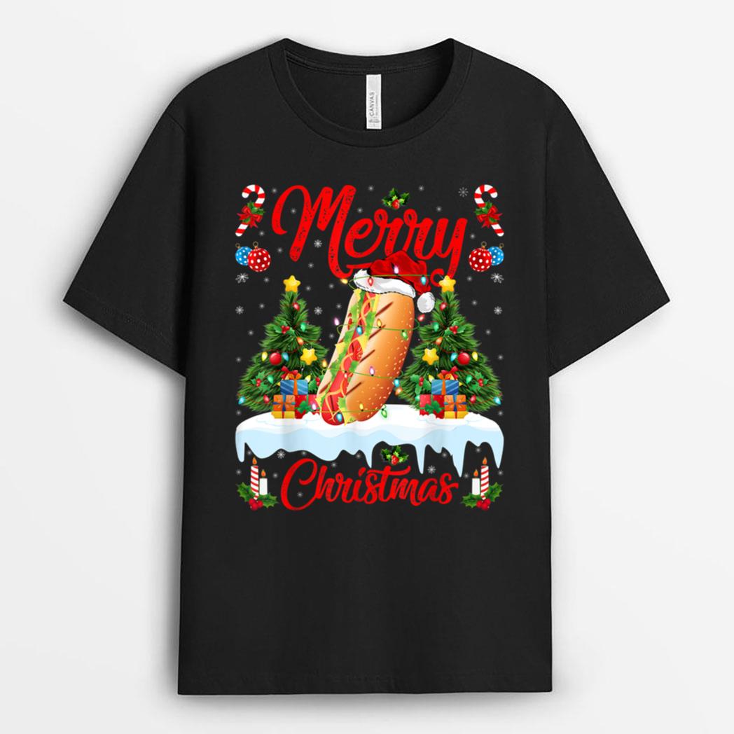 Hot Dog Fast Food Lover Lighting Santa Hat Hot Dog Christmas T-Shirt