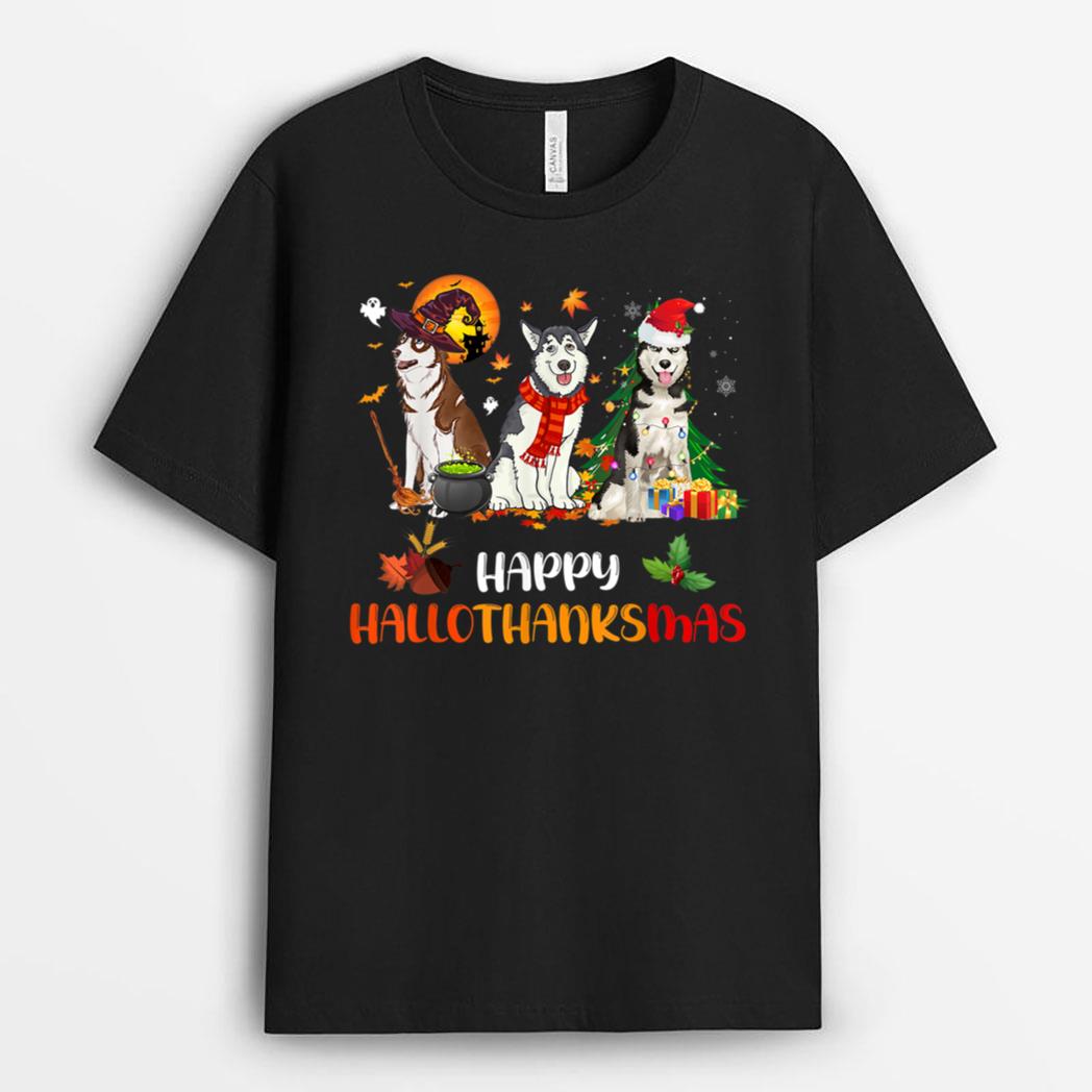 Husky Dog Happy Hallothanksmas Halloween Thanksgiving T-Shirt