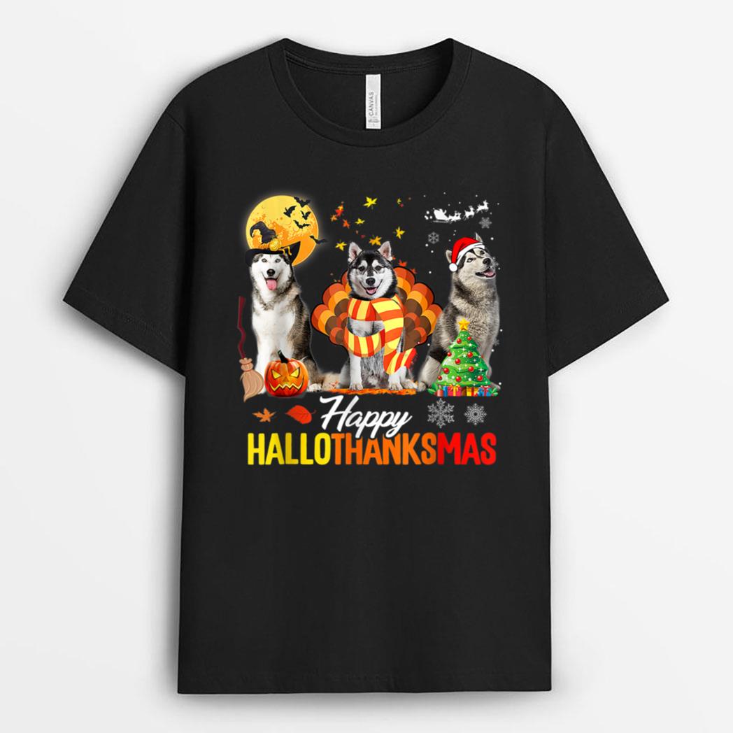 Husky Dog Happy Hallothanksmas Halloween Thanksgiving Xmas T-Shirt