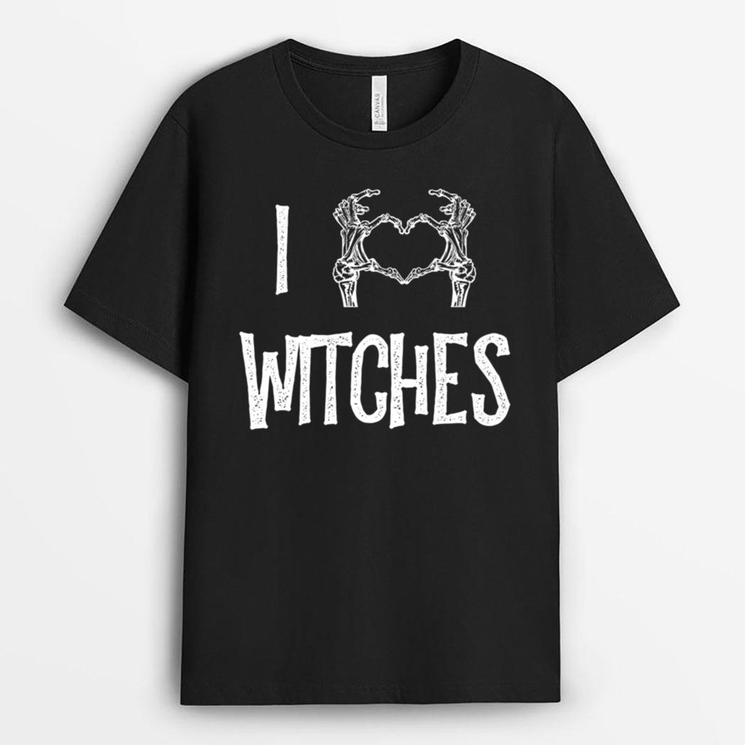 I Love Witches Halloween Skeleton Hands Heart Symbol T-Shirt
