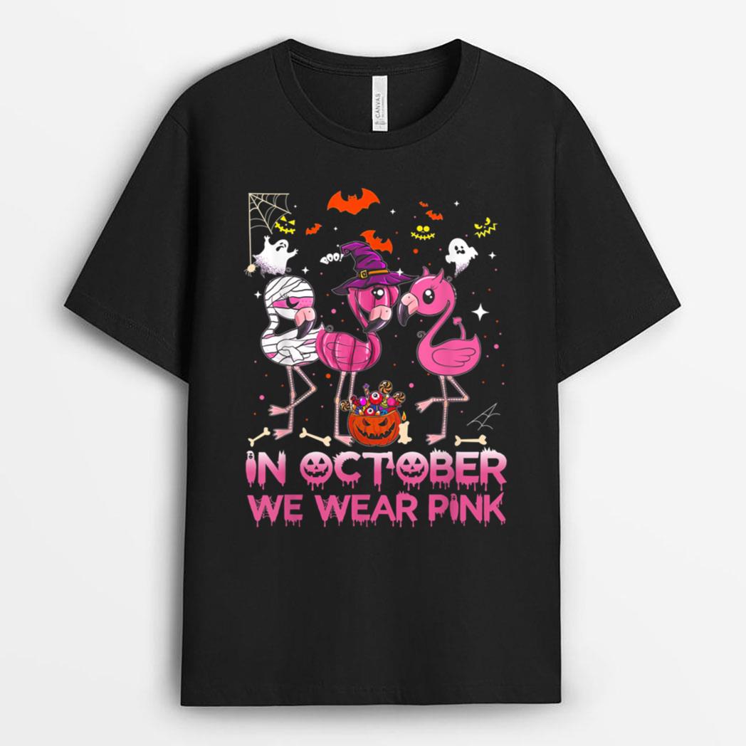 In October We Wear Pink Flamingo Halloween Breast Cancer T-Shirt