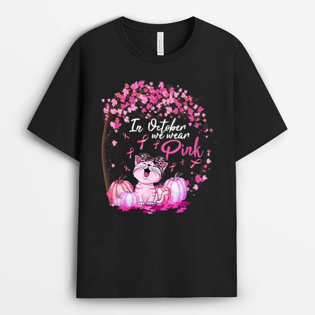 In October We Wear Pink Leopard Cat Breast Cancer Awareness T-Shirt