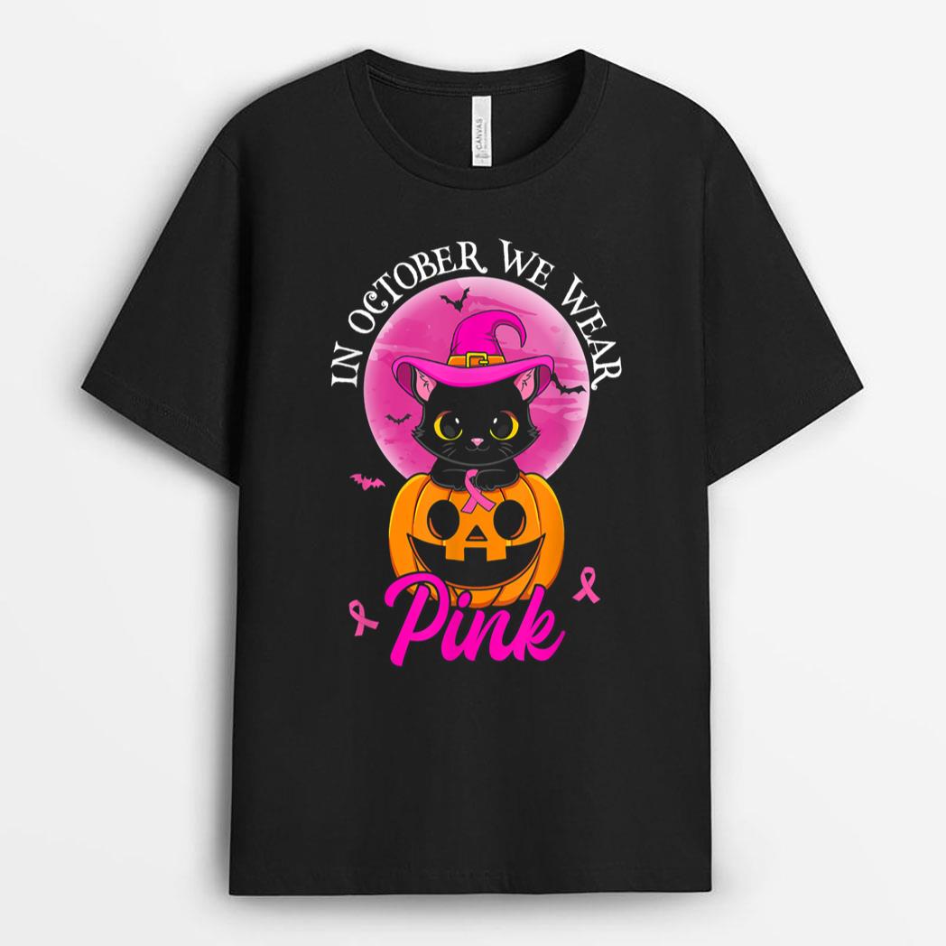 In October We Wear Pink Witch Cat Halloween Breast Cancer T-Shirt