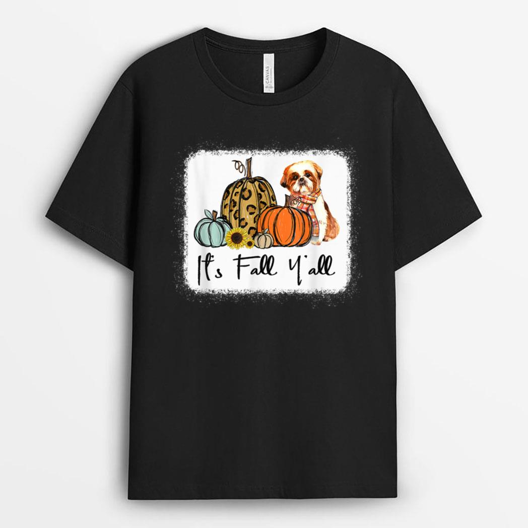 It's Fall Y'all Yellow Shih Tzu Dog Leopard Pumpkin Falling T-Shirt