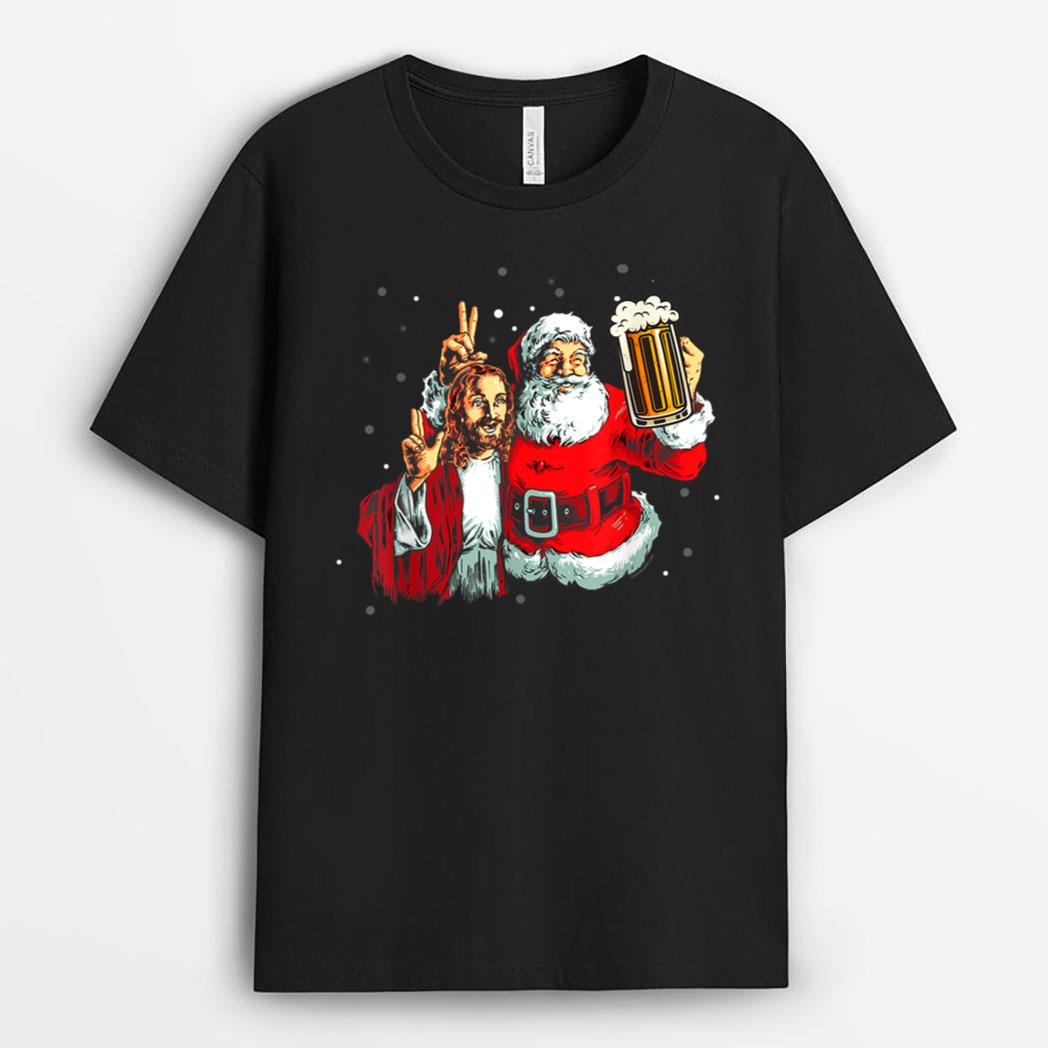 Jesus Christ and Santa Selfie Drink Beer Christmas T-Shirt