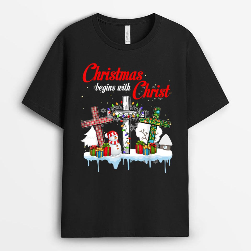 Jesus Christmas Begins With Christ Snowman Christian Cross T-Shirt