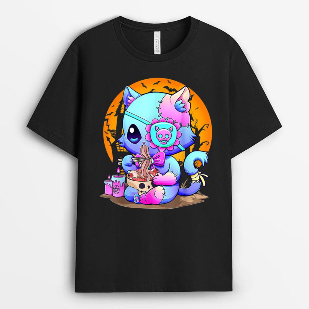 Kawaii Creepy Cat Eating Ra Noodles Pastel Goth Halloween T-Shirt