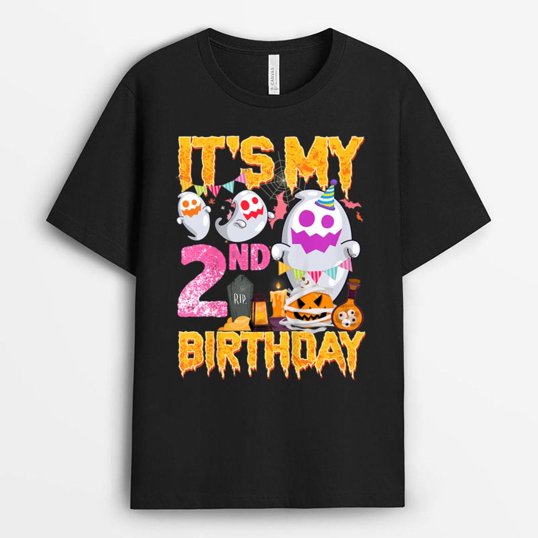 Kids 2 Year Old Gift 2nd Birthday Ghost Pumpkin Halloween Costume T-Shirt