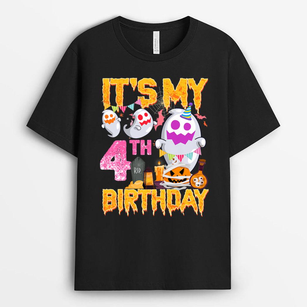 Kids 4 Year Old Gift 4th Birthday Ghost Pumpkin Halloween Costume T-Shirt