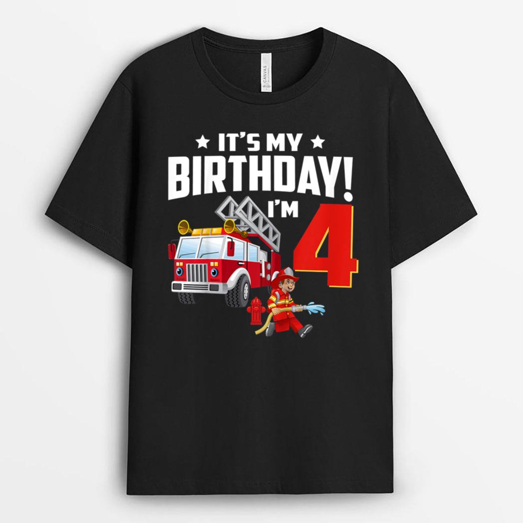 Kids 4 Year Old Gifts It's My 4th Birthday Boy Fire Truck Fireman T-Shirt