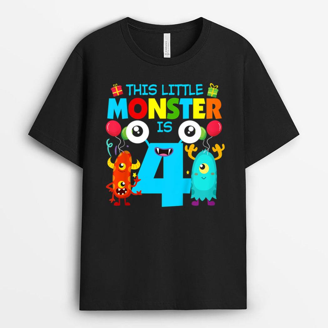 Kids 4 Year Old Gifts This Little Monster Is 4th Birthday Boy T-Shirt