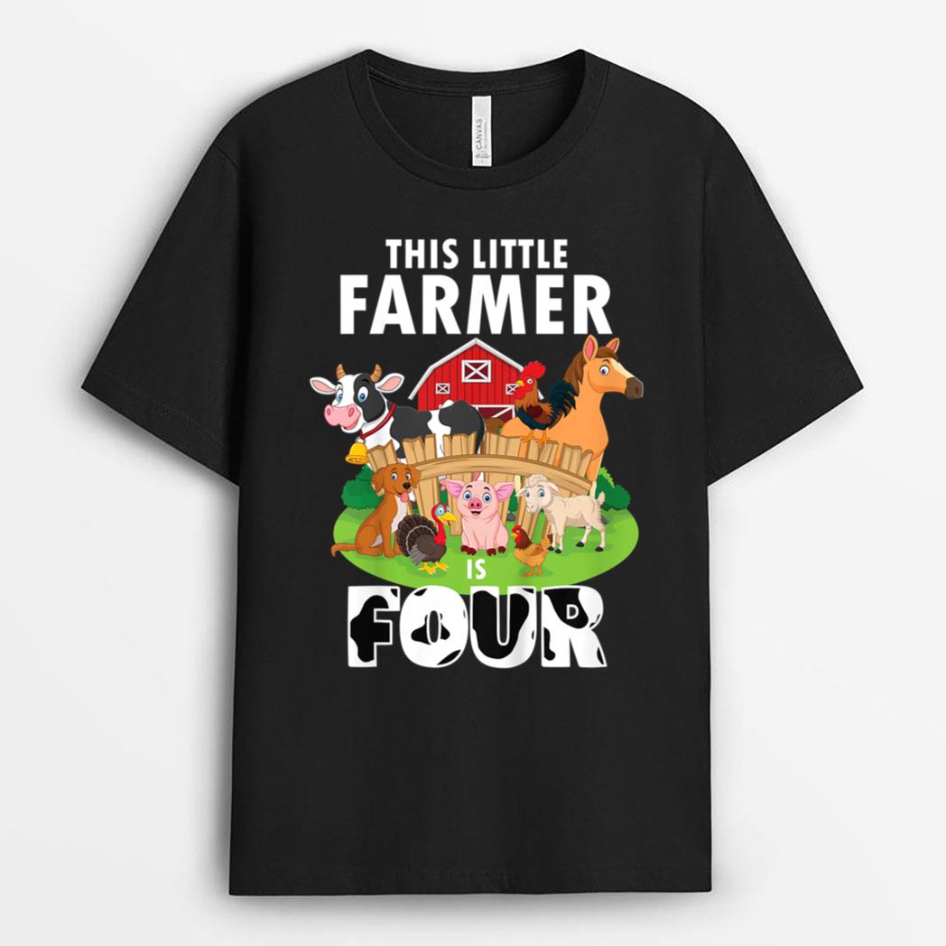 Kids 4 Yrs Old Little Farmer Cute 4th Birthday Farm Animals T-Shirt