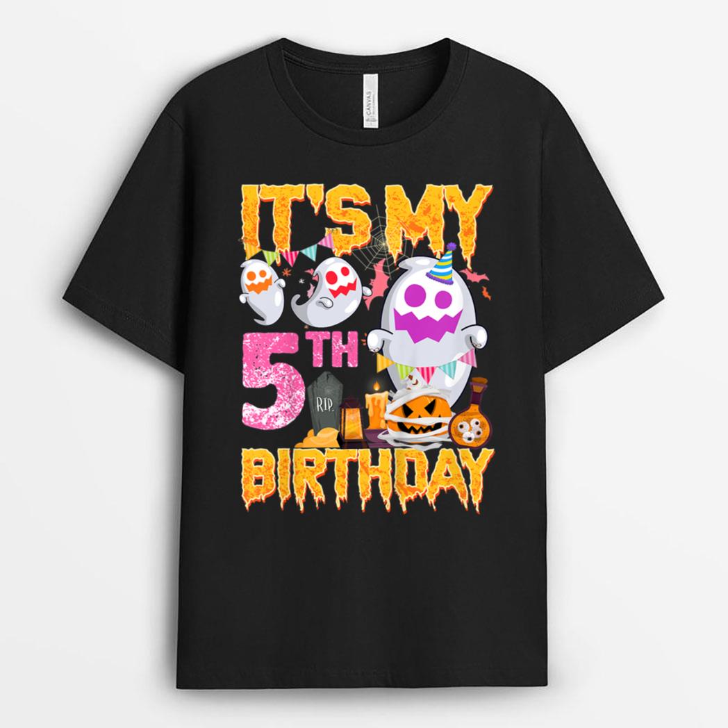 Kids 5 Year Old Gift 5th Birthday Ghost Pumpkin Halloween Costume T-Shirt