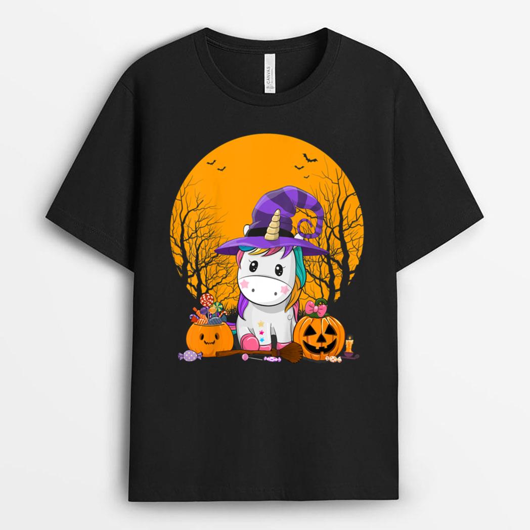 Kids Cute Halloween Kid Girls Unicorn Witch Hat Candy Pumpkin T-Shirt
