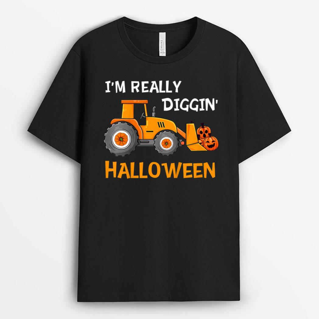 Kids Diggin Halloween Pumpkin Tractor Jack O Latern Toddlers Boys T-Shirt