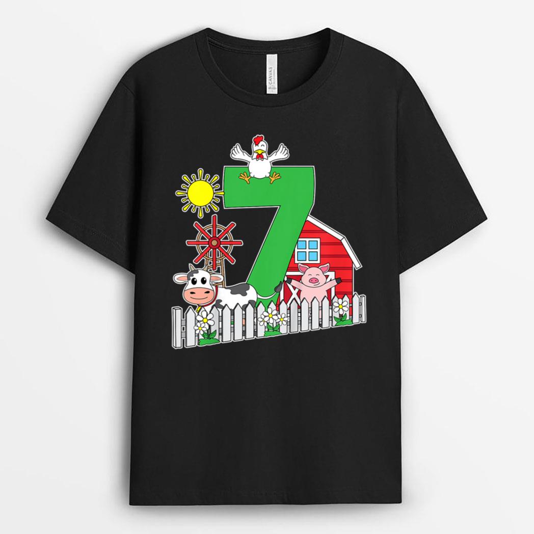 Kids Seventh 7th Birthday Farm Animal Lover Cow Pig Horse Farmer T-Shirt