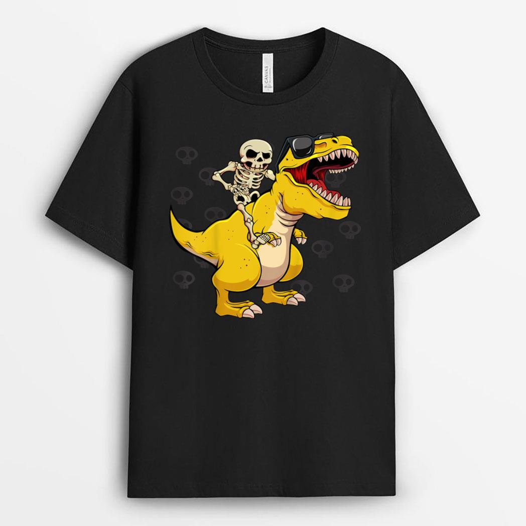 Kids Skeleton Riding Dinosaur Lazy Halloween Costume Cute T-Rex T-Shirt