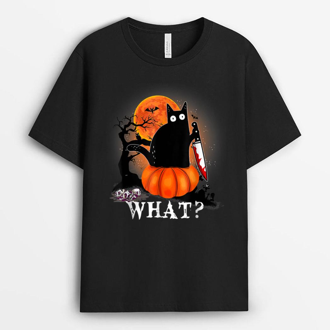 Killer Halloween Scary Moon Black Cat With Knife Pumpkin T-Shirt
