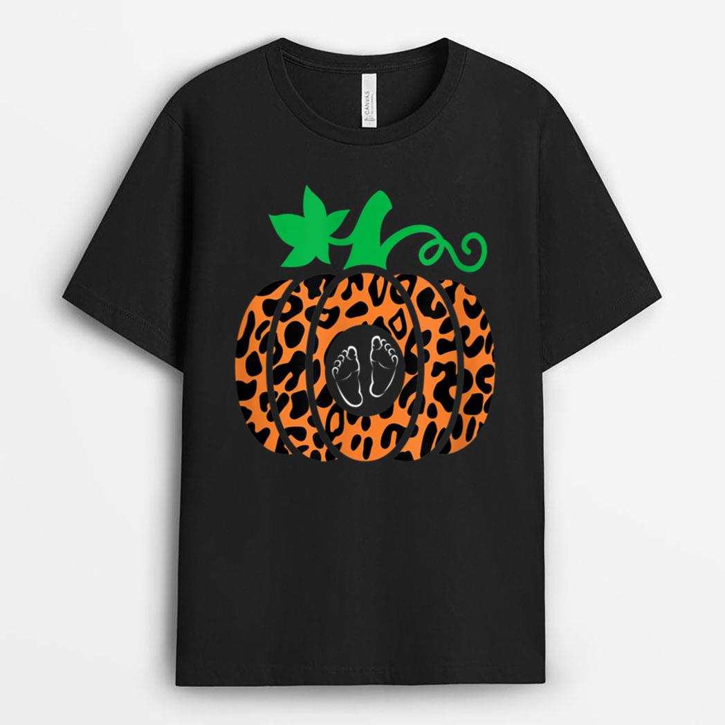 Leopard Pumpkin Belly Halloween Pregnancy Announcement T-Shirt