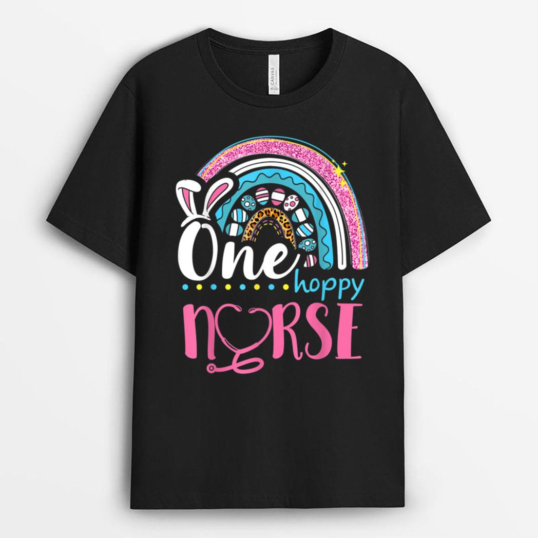 Leopard Rainbow Bunny Ears One Hoppy Nurse Easter Eggs Hunt T-Shirt