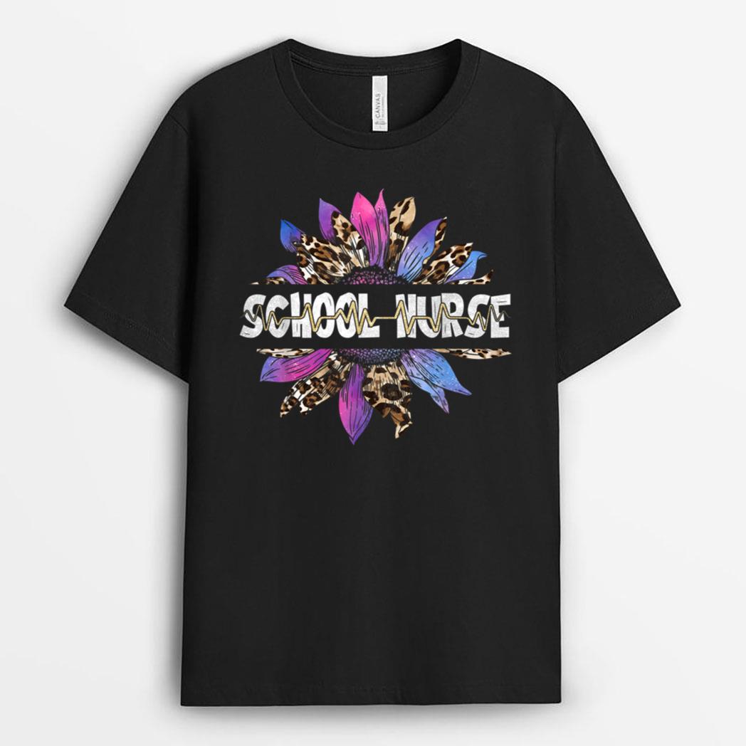 Leopard Sunflower School Nurse Nursing Stethoscope Nurse Day T-Shirt