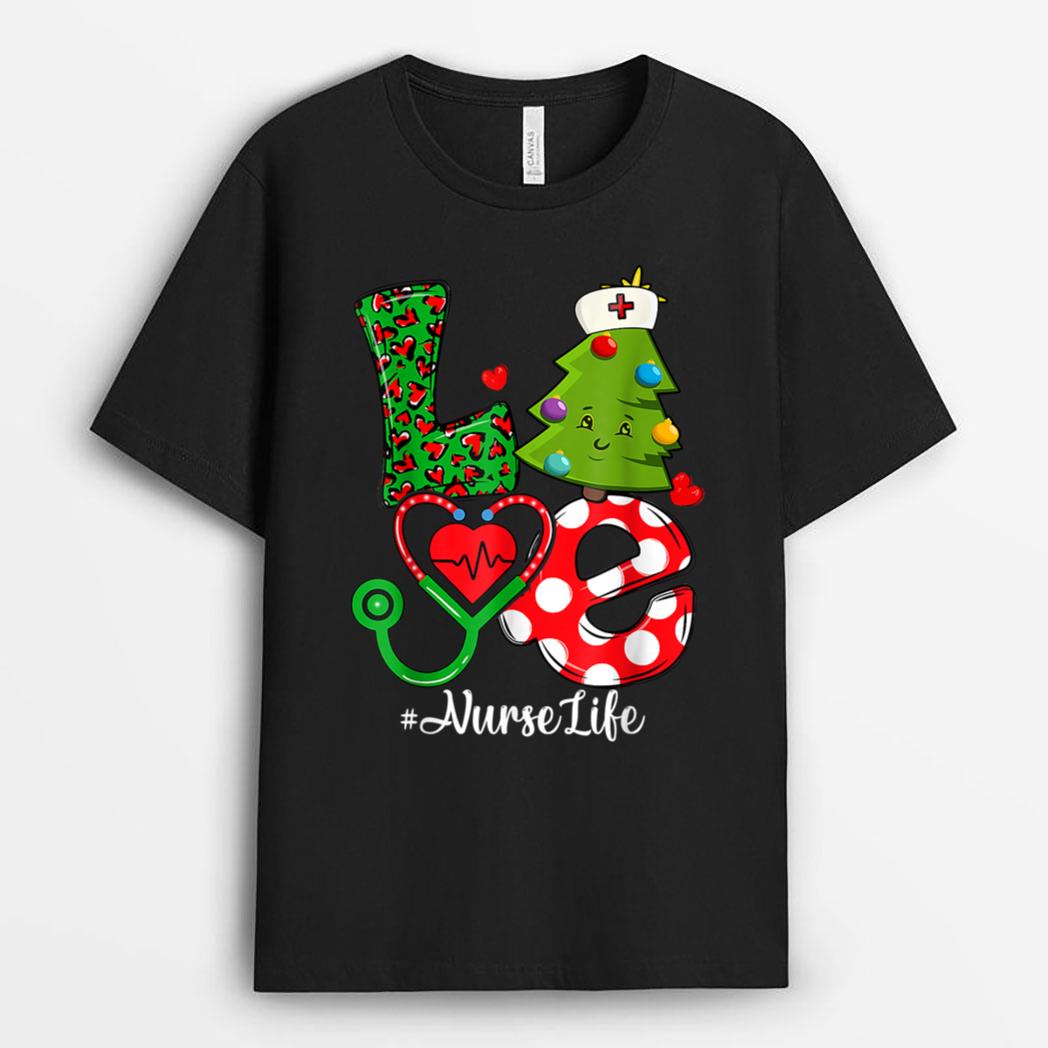 LOVE Nurse Life Christmas Stethoscope Nursing Xmas Tree Tee T-Shirt