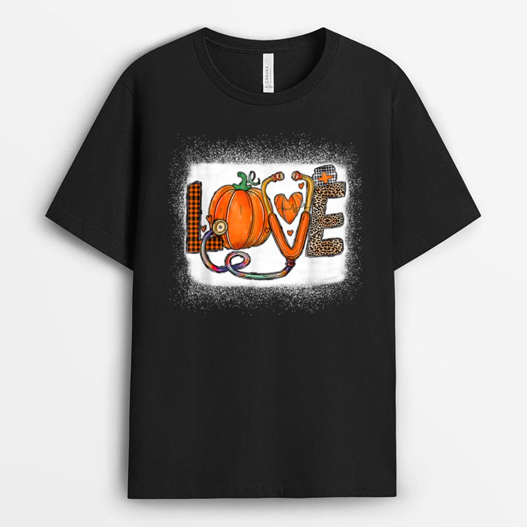 Love Stethoscope Pumpkin Thanksgiving Nurse Leopard Plaid T-Shirt