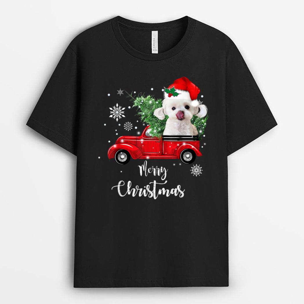 Maltese Dog Ride Red Truck Christmas Pajama T-Shirt