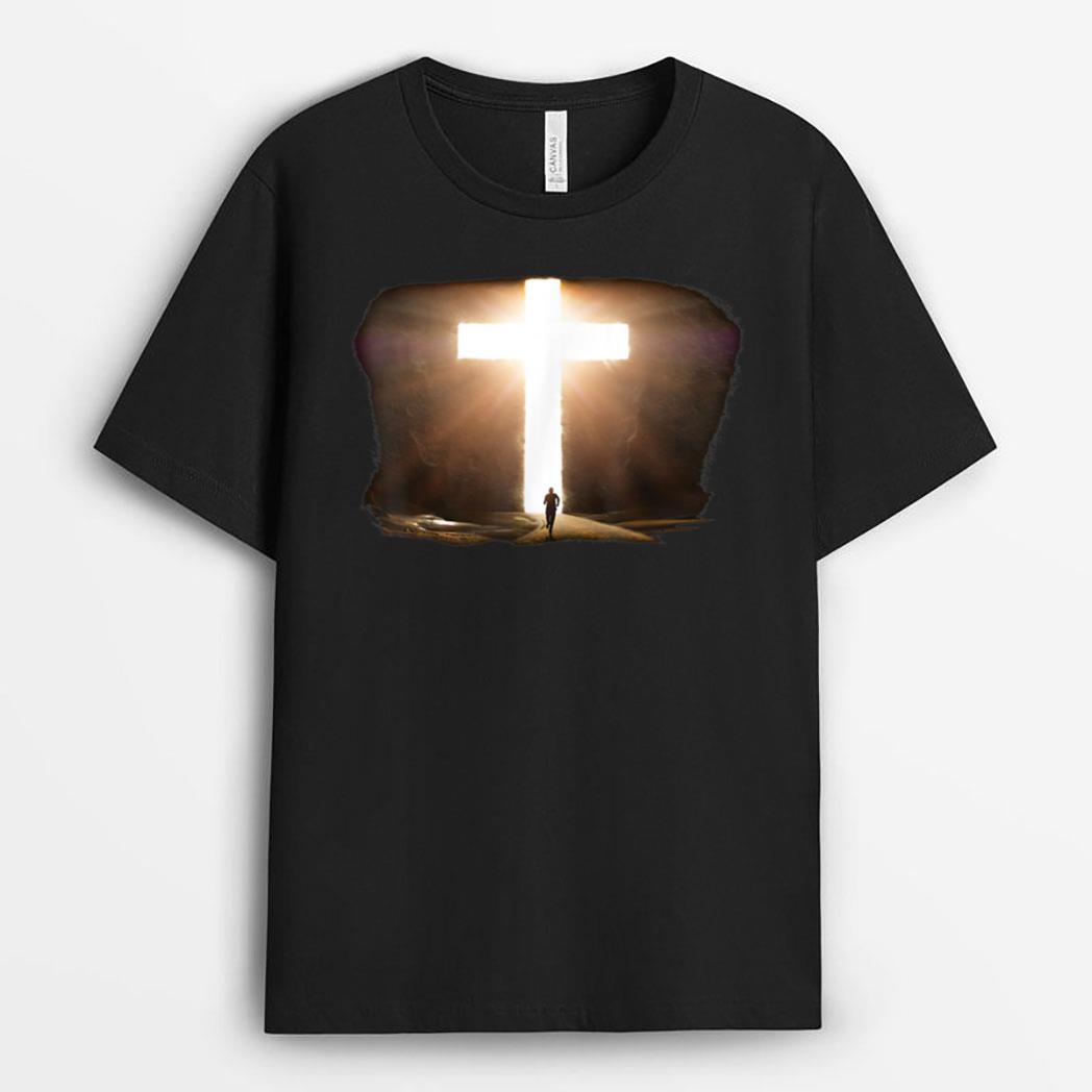 Man Running to Glowing Christian Cross of Jesus Christ T-Shirt