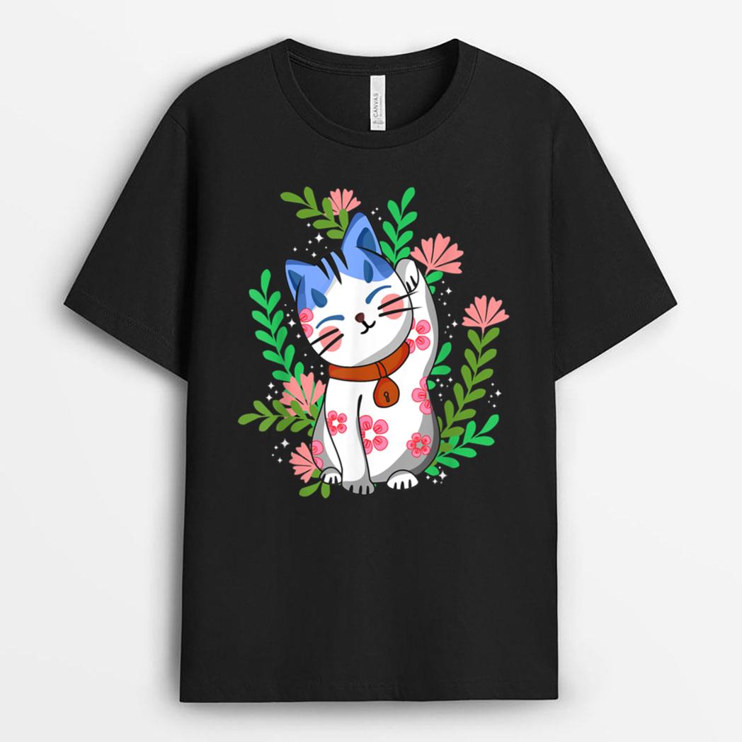 Maneki neko Lucky Japanese Cat Floral Botanical T-Shirt